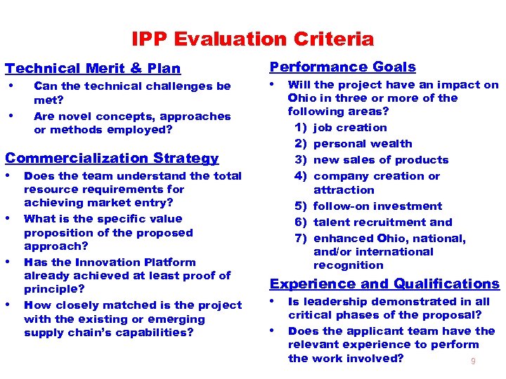 IPP Evaluation Criteria Technical Merit & Plan • Can the technical challenges be •
