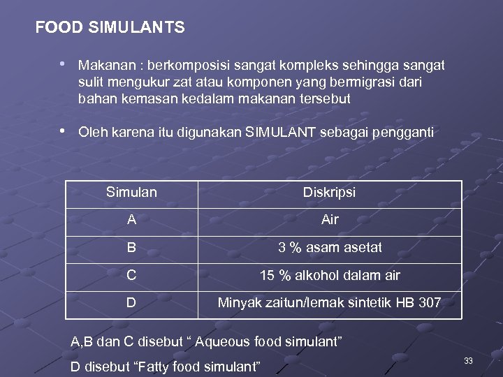 FOOD SIMULANTS • Makanan : berkomposisi sangat kompleks sehingga sangat sulit mengukur zat atau