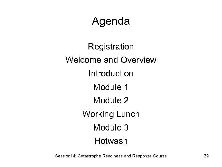 Agenda Registration Welcome and Overview Introduction Module 1 Module 2 Working Lunch Module 3