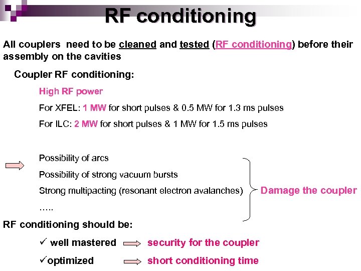 RF conditioning All couplers need to be cleaned and tested (RF conditioning) before their