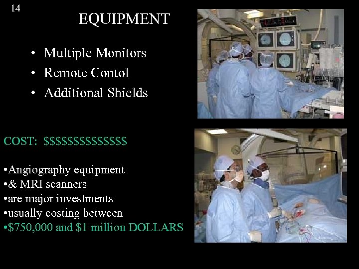 14 EQUIPMENT • Multiple Monitors • Remote Contol • Additional Shields COST: $$$$$$$ •