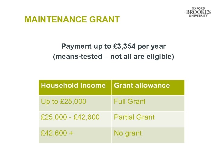 MAINTENANCE GRANT Payment up to £ 3, 354 per year (means-tested – not all