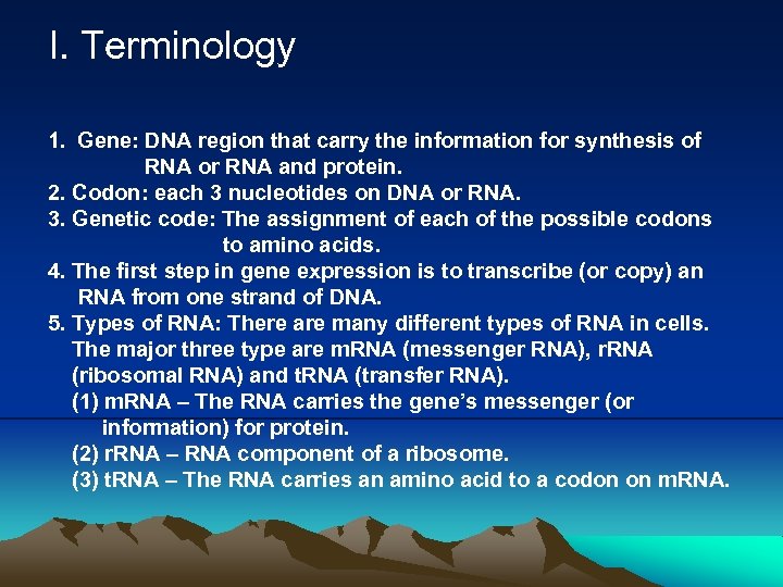 I. Terminology 1. Gene: DNA region that carry the information for synthesis of RNA