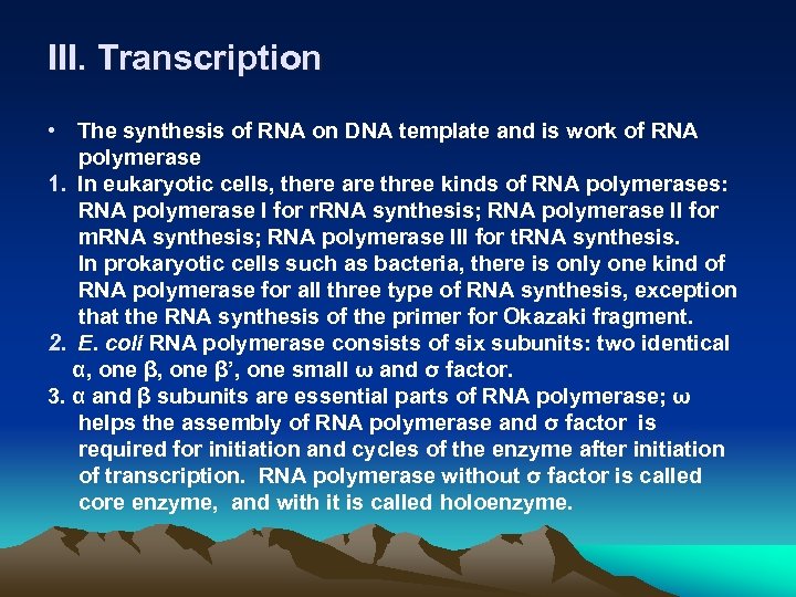 III. Transcription • The synthesis of RNA on DNA template and is work of