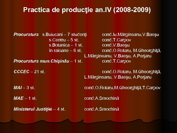 Practica de producţie an. IV (2008 -2009) Procuratura s. Buiucani – 7 studenţi cond.