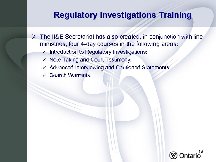 Regulatory Investigations Training Ø The II&E Secretariat has also created, in conjunction with line