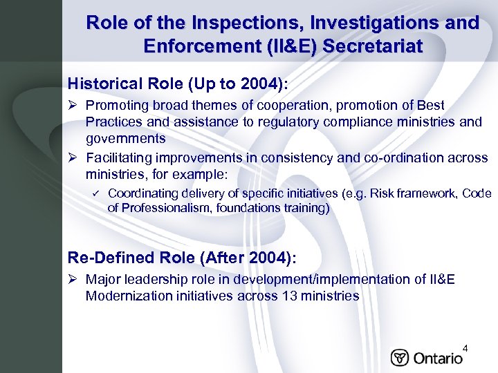 Role of the Inspections, Investigations and Enforcement (II&E) Secretariat Historical Role (Up to 2004):