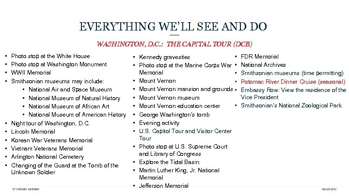EVERYTHING WE’LL SEE AND DO WASHINGTON, D. C. : THE CAPITAL TOUR (DCB) •