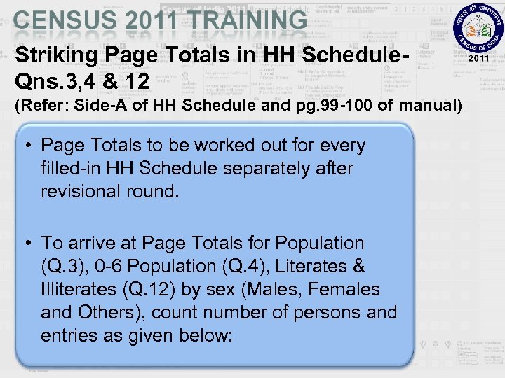 Striking Page Totals in HH Schedule. Qns. 3, 4 & 12 (Refer: Side-A of