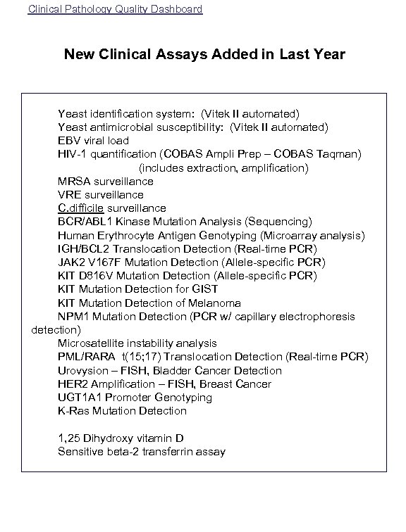 Clinical Pathology Quality Dashboard New Clinical Assays Added in Last Year Yeast identification system: