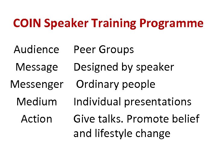 COIN Speaker Training Programme Audience Message Messenger Medium Action Peer Groups Designed by speaker