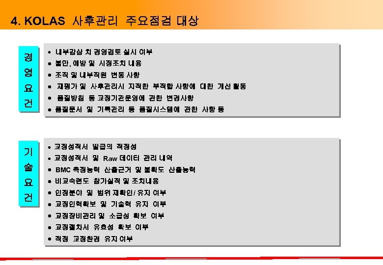 4. KOLAS 사후관리 주요점검 대상 경 내부감삼 치 경영검토 실시 여부 불만, 예방 및