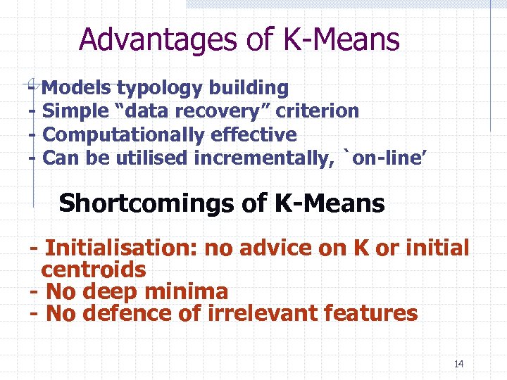  Advantages of K-Means - Models typology building - Simple “data recovery” criterion -