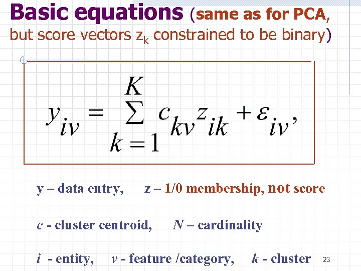 Basic equations (same as for PCA, but score vectors zk constrained to be binary)