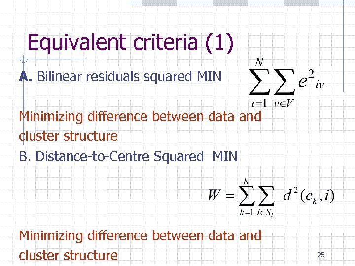 Equivalent criteria (1) A. Bilinear residuals squared MIN Minimizing difference between data and cluster