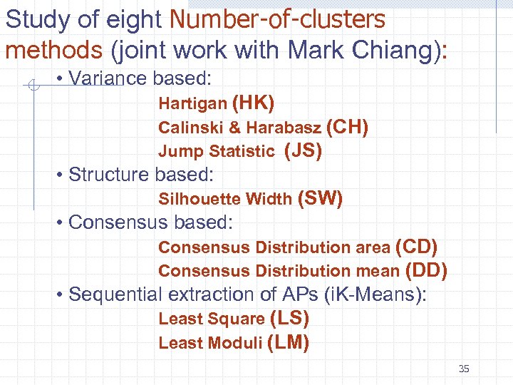 Study of eight Number-of-clusters methods (joint work with Mark Chiang): • Variance based: Hartigan