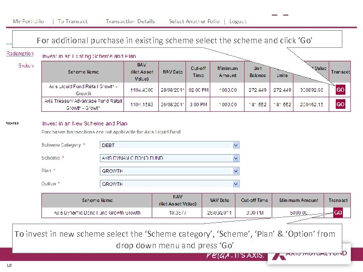 For additional purchase in existing scheme select the scheme and click ‘Go’ To invest