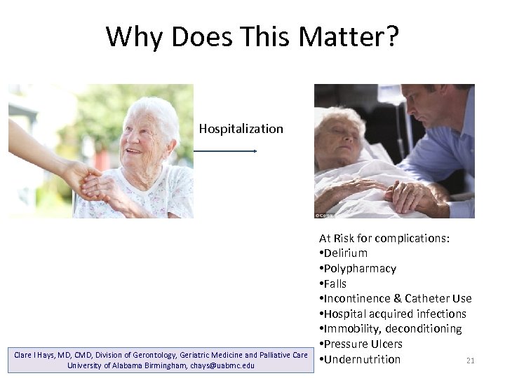 Why Does This Matter? Hospitalization Clare I Hays, MD, CMD, Division of Gerontology, Geriatric