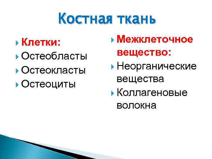 Костная ткань Клетки: Остеобласты Остеокласты Остеоциты Межклеточное вещество: Неорганические вещества Коллагеновые волокна 