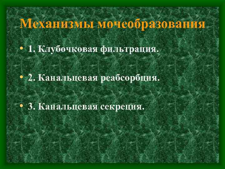 Механизмы мочеобразования • 1. Клубочковая фильтрация. • 2. Канальцевая реабсорбция. • 3. Канальцевая секреция.