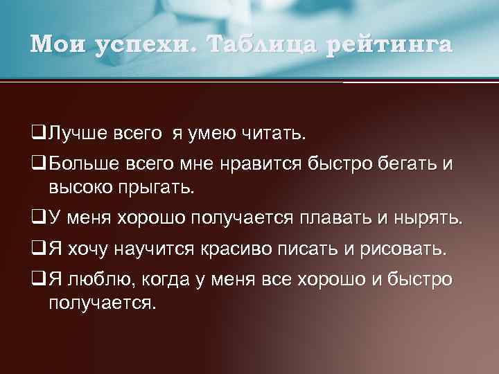 Мои успехи. Таблица рейтинга q Лучше всего я умею читать. q Больше всего мне