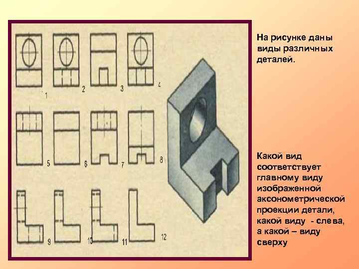 На рисунке даны виды различных деталей. Какой вид соответствует главному виду изображенной аксонометрической проекции