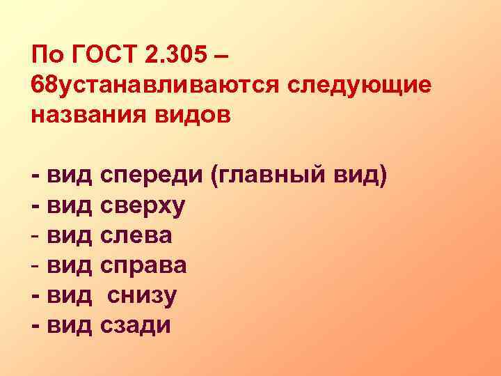 По ГОСТ 2. 305 – 68 устанавливаются следующие названия видов - вид спереди (главный