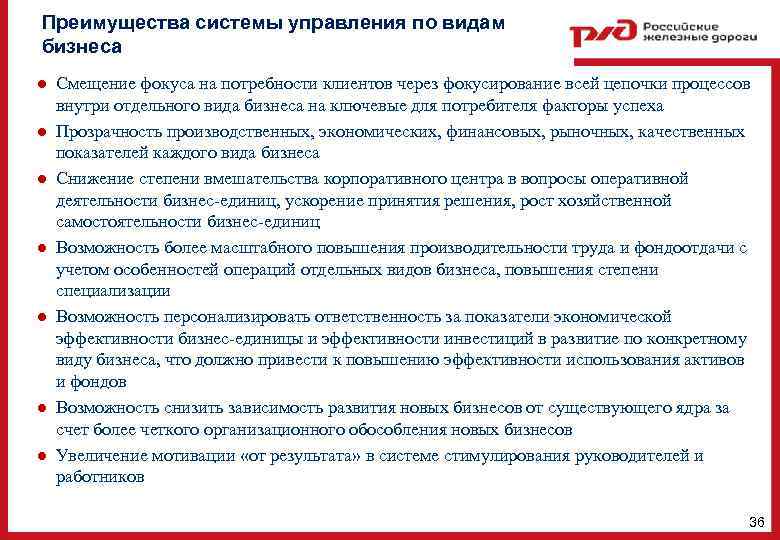 Преимущества системы управления по видам бизнеса ● Смещение фокуса на потребности клиентов через фокусирование