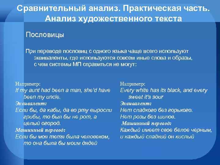 Сравнительный анализ. Практическая часть. Анализ художественного текста Пословицы При переводе пословиц с одного языка