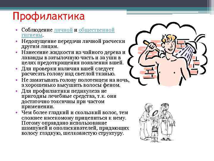 Профилактика • Соблюдение личной и общественной гигиены. • Недопущение передачи личной расчески другим лицам.