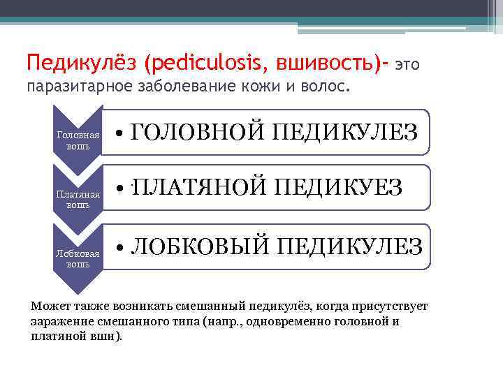 Педикулёз (pediculosis, вшивость)- это паразитарное заболевание кожи и волос. Головная вошь Платяная вошь Лобковая