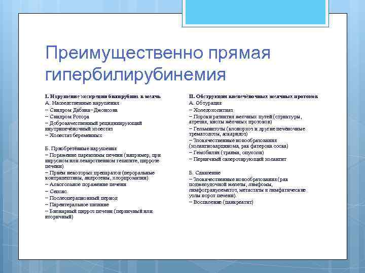 Преимущественно прямая гипербилирубинемия I. Нарушение экскреции билирубина в желчь А. Наследственные нарушения − Синдром