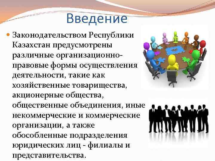 Введение Законодательством Республики Казахстан предусмотрены различные организационноправовые формы осуществления деятельности, такие как хозяйственные товарищества,