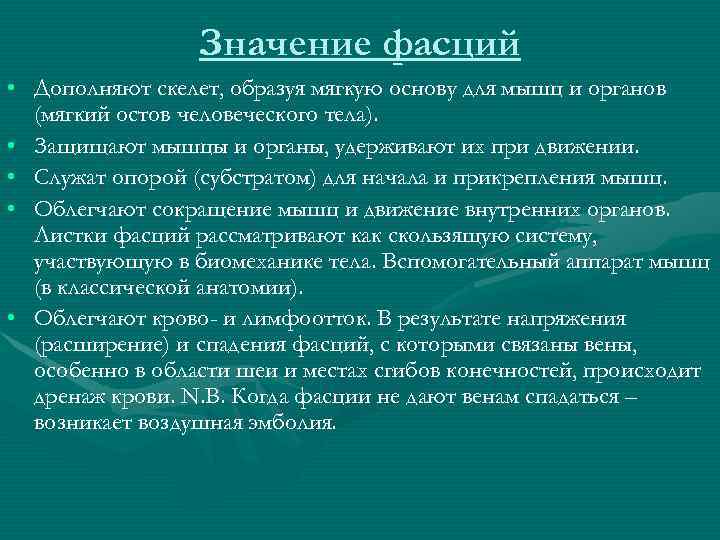 Значение фасций • Дополняют скелет, образуя мягкую основу для мышц и органов (мягкий остов