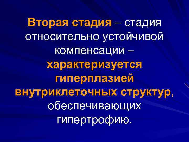 Вторая стадия – стадия относительно устойчивой компенсации – характеризуется гиперплазией внутриклеточных структур, обеспечивающих гипертрофию.