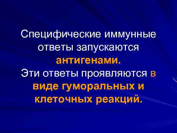 Специфические иммунные ответы запускаются антигенами. Эти ответы проявляются в виде гуморальных и клеточных реакций.