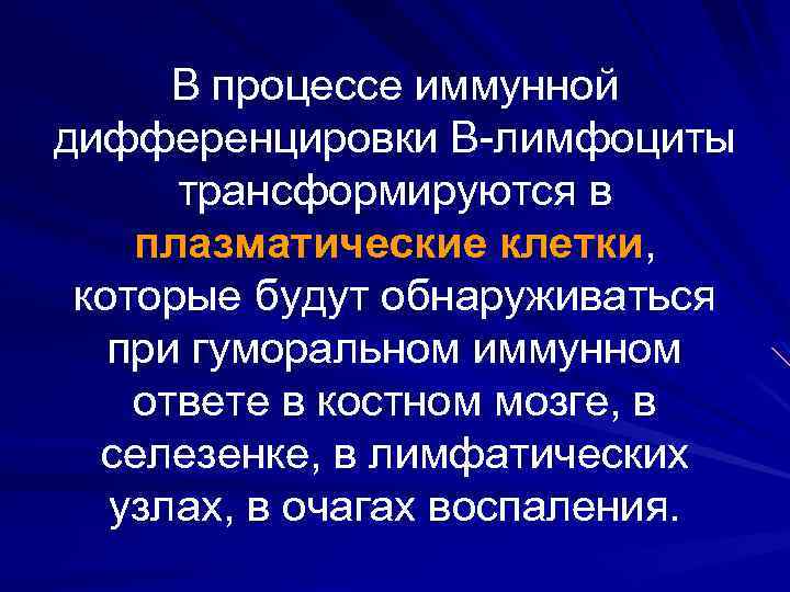 В процессе иммунной дифференцировки В-лимфоциты трансформируются в плазматические клетки, которые будут обнаруживаться при гуморальном