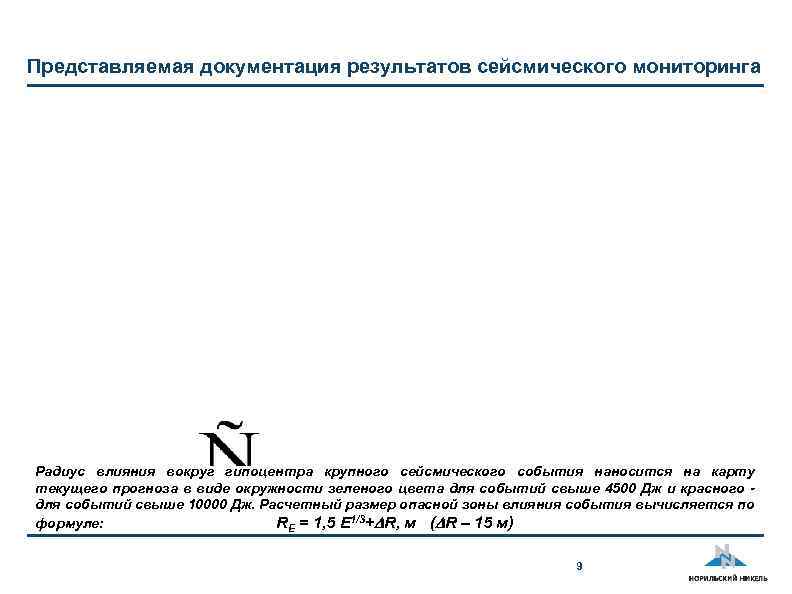 Представляемая документация результатов сейсмического мониторинга Радиус влияния вокруг гипоцентра крупного сейсмического события наносится на