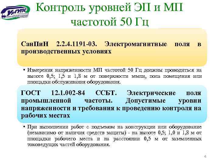 Контроль уровней ЭП и МП частотой 50 Гц Сан. Пи. Н 2. 2. 4.