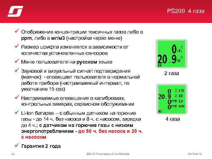  PS 200 4 газа ü Отображение концентрации токсичных газов либо в ppm, либо