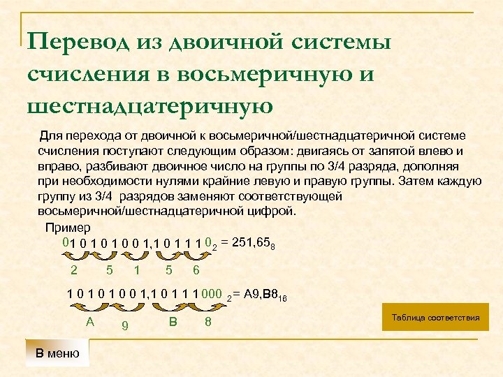 Перевод из двоичной системы счисления в восьмеричную и шестнадцатеричную Для перехода от двоичной к