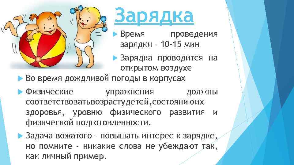 Зарядка Время проведения зарядки – 10 -15 мин Зарядка проводится на открытом воздухе Во