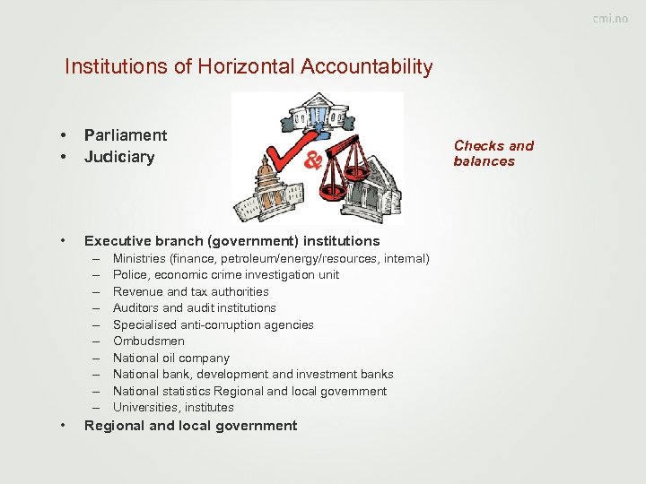 Institutions of Horizontal Accountability • • Parliament Judiciary • Executive branch (government) institutions –