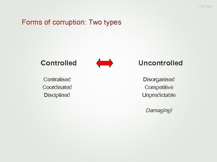 Forms of corruption: Two types Controlled Centralised Coordinated Disciplined Uncontrolled Disorganised Competitive Unpredictable Damaging!