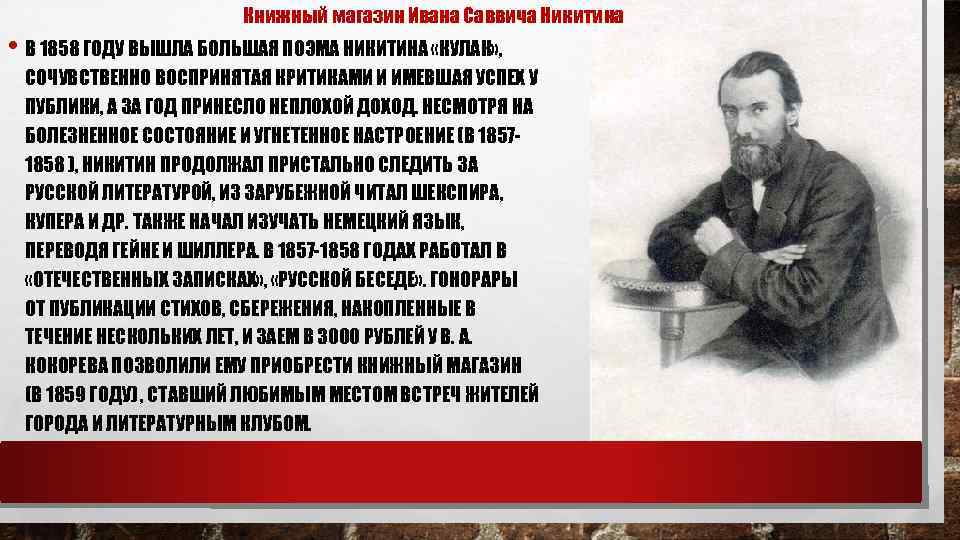 Книжный магазин Ивана Саввича Никитина • В 1858 ГОДУ ВЫШЛА БОЛЬШАЯ ПОЭМА НИКИТИНА «КУЛАК»