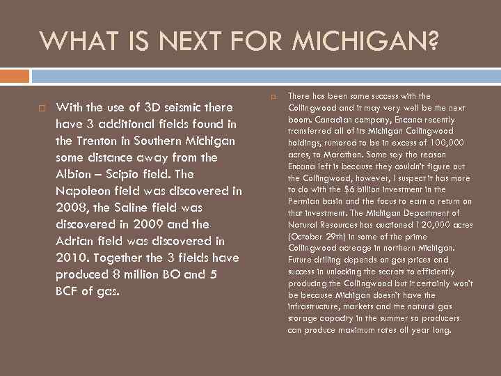 WHAT IS NEXT FOR MICHIGAN? With the use of 3 D seismic there have