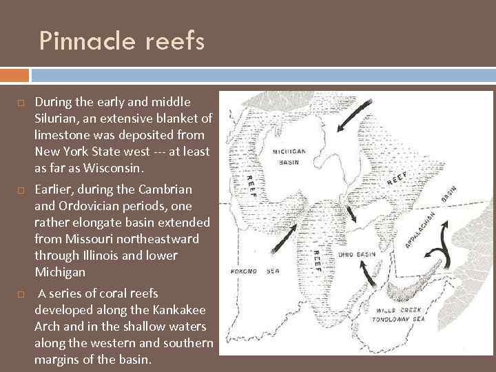 Pinnacle reefs During the early and middle Silurian, an extensive blanket of limestone was