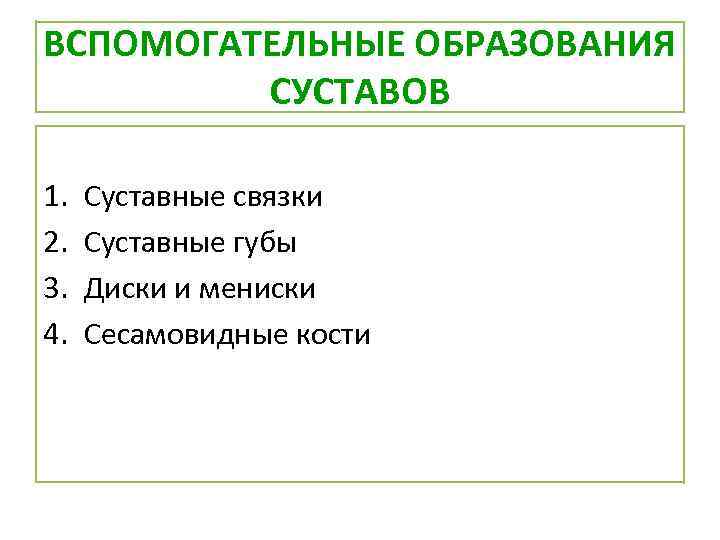 ВСПОМОГАТЕЛЬНЫЕ ОБРАЗОВАНИЯ СУСТАВОВ 1. 2. 3. 4. Суставные связки Суставные губы Диски и мениски