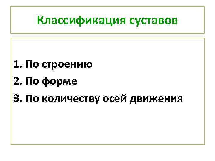 Классификация суставов 1. По строению 2. По форме 3. По количеству осей движения 