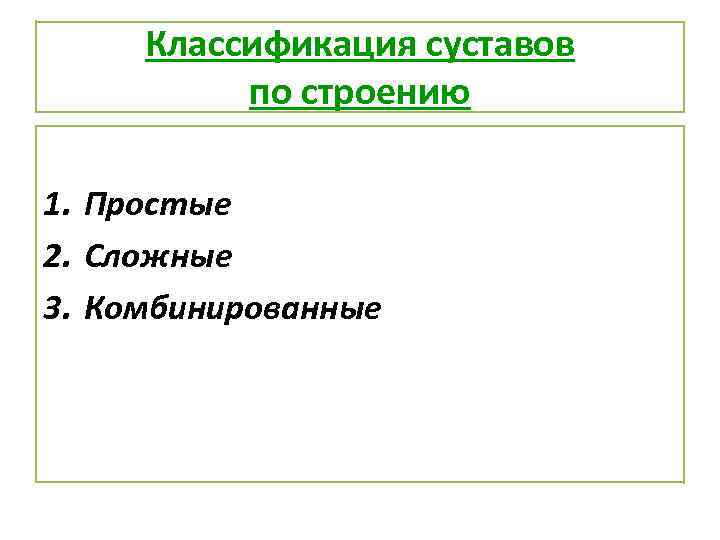 Классификация суставов по строению 1. Простые 2. Сложные 3. Комбинированные 